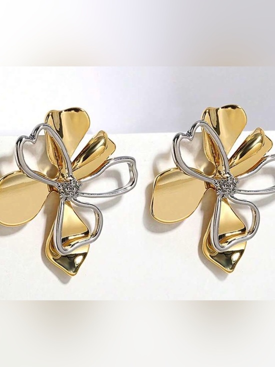 Anthropologie Jewelry - Gold Tone Floral Statement Earrings with Crystal Center | Elegant Oversized